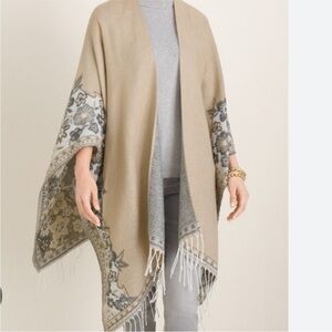 Chico’s Elegant Tan and Gray Floral fringed Wrap/Shawl